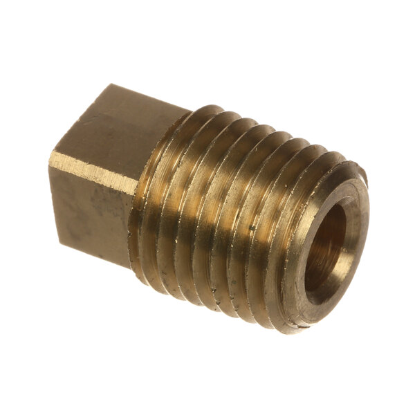 A close-up of a brass Jackson Pet Cock threaded male connector.