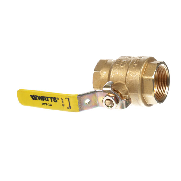A brass LVO drain valve with a yellow handle.