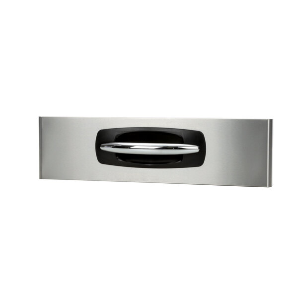 A stainless steel and black drawer assembly handle.