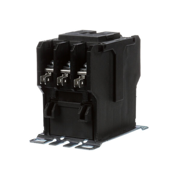 A black electrical device with three metal ports, one on the left and two on the right: a Russell 08219018 contactor.