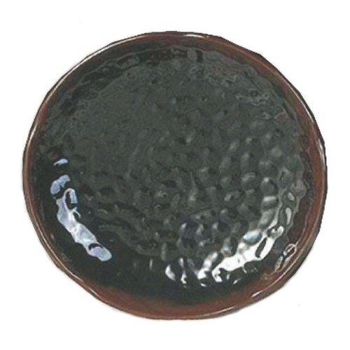 A close-up of a Thunder Group Tenmoku Black Lotus Shaped Melamine Plate with a black rim.