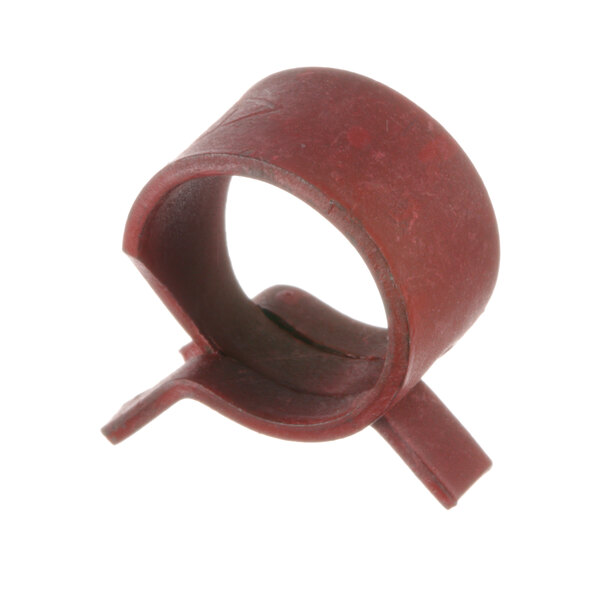 A close-up of a red plastic Accurex spring clip with a hole in it.