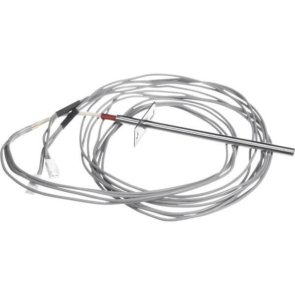 A wire with a red and silver connector and a metal rod.