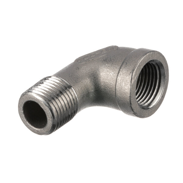 A metal elbow pipe fitting with a nut.