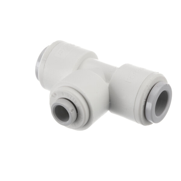 A white plastic Super System compression tee for a white pipe with two nozzles.