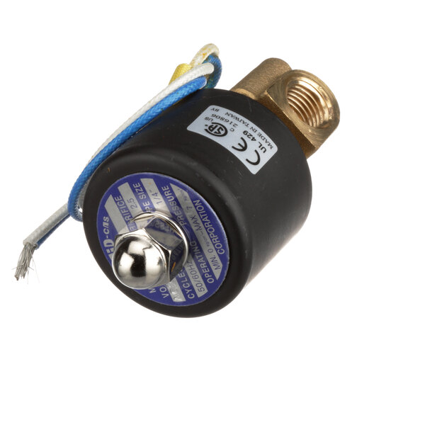 A black round water solenoid valve with a blue and white cord.