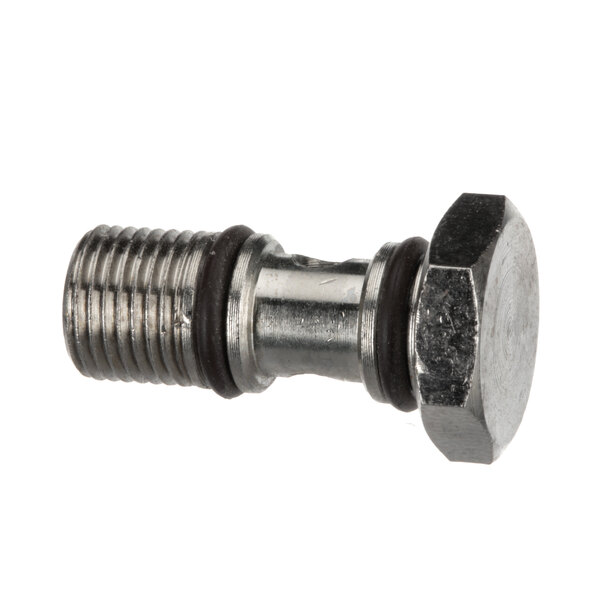 A stainless steel threaded nut with a silver screw on a white background.