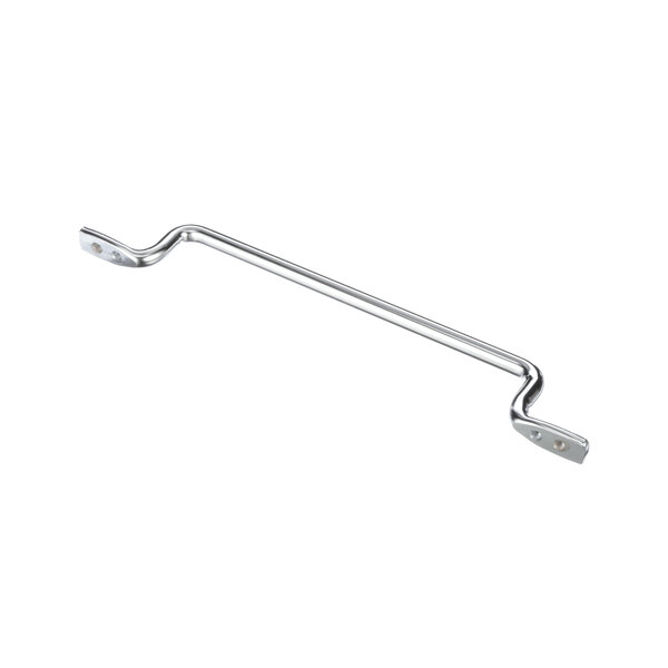 A chrome metal assist handle for a holding cabinet with screws.