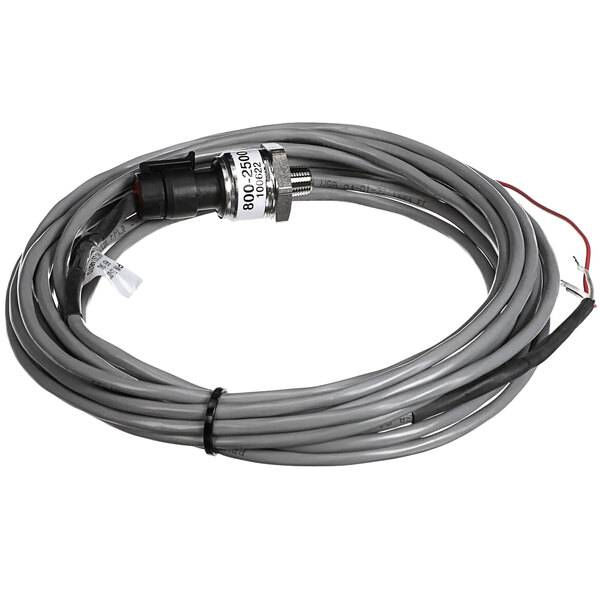 A gray cable with a red and black connector.