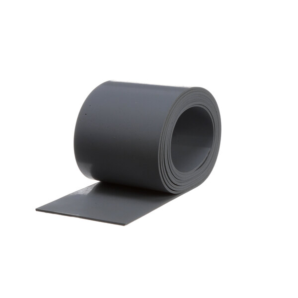 A roll of grey rubber tape on a white surface.