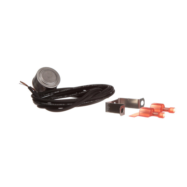 A black cable with a red connector and a black wire with a round metal object.