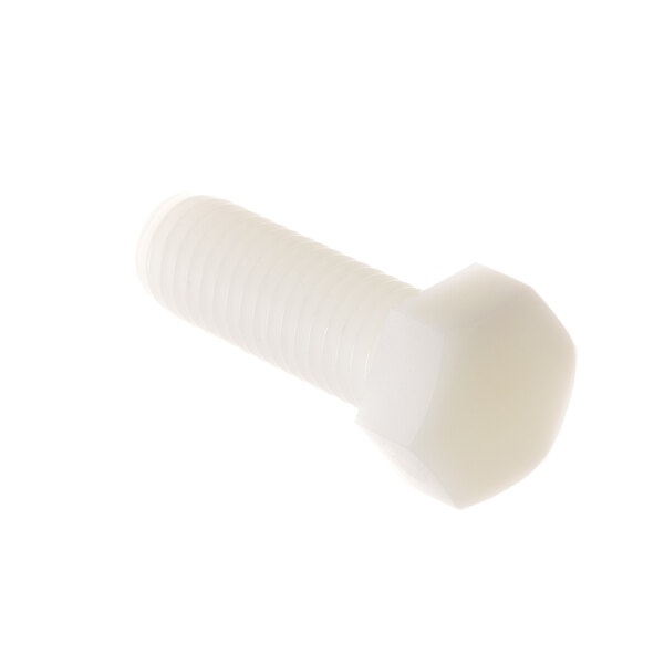 A close-up of a white plastic bolt with a hexagon head.