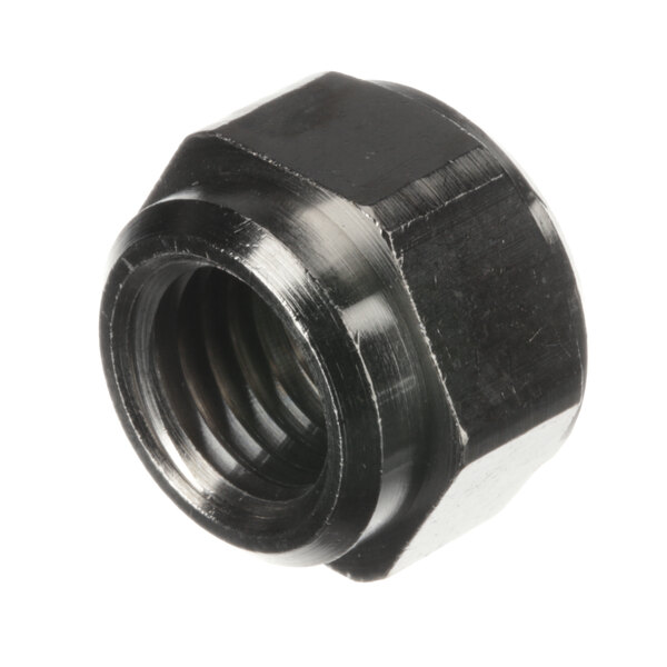 A black threaded nut with a white background.