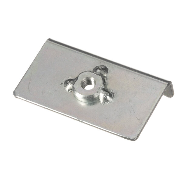 A metal plate with a screw on top and a nut.