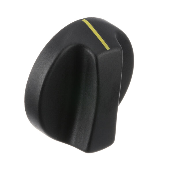 A black knob with yellow stripes on it.