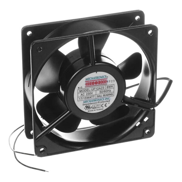 A black Belshaw fan with wires and a white label.