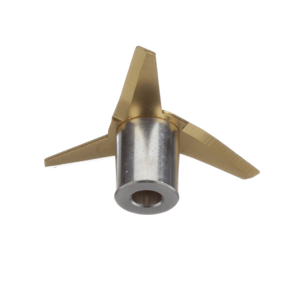 A metal Dynamic Mixers cutter blade with a gold metal propeller.