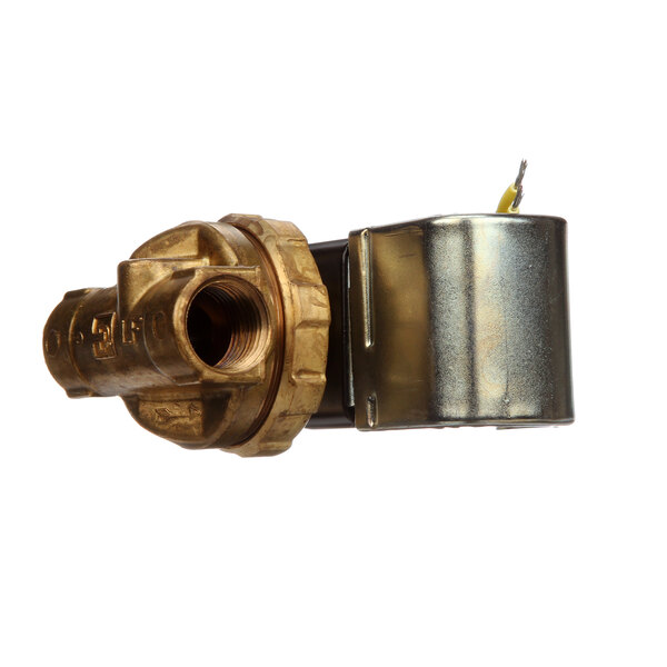 A close-up of a brass Jackson water solenoid valve.