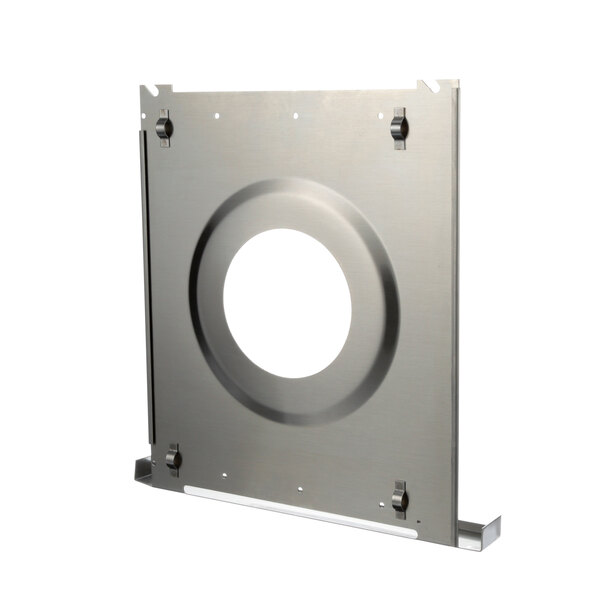 A silver metal US Range baffle plate with a hole in it.