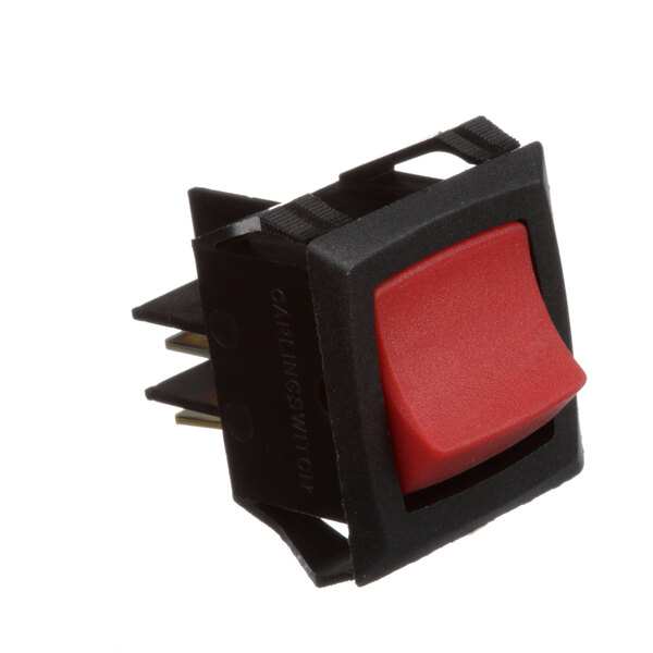 A red and black Thermodyne illuminated rocker switch with a black frame.