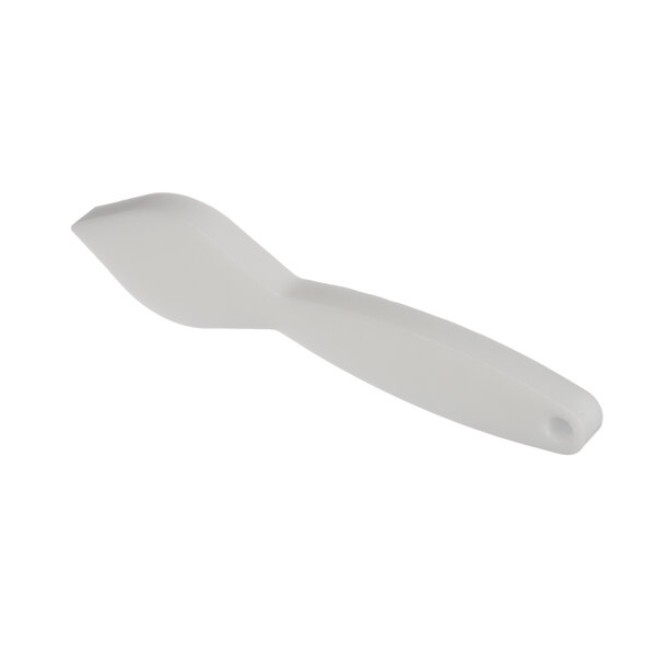 A white plastic paddle with a handle.