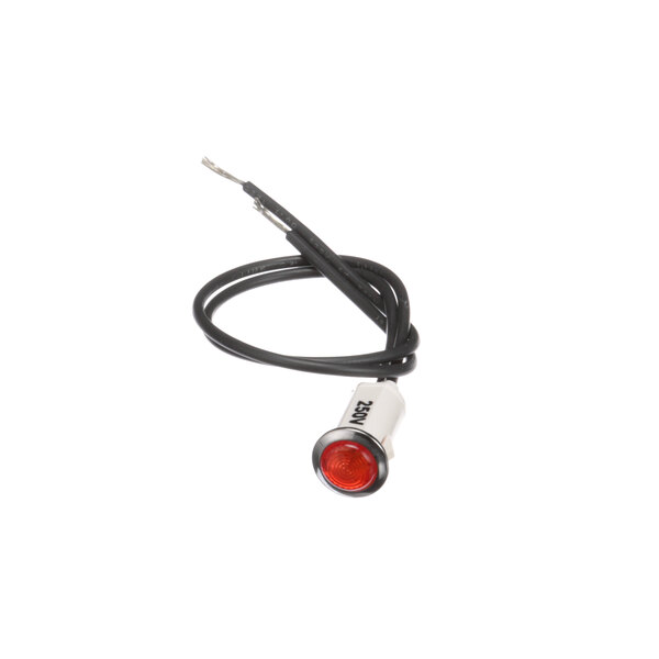 A red Piper Products round signal light on a black cable.