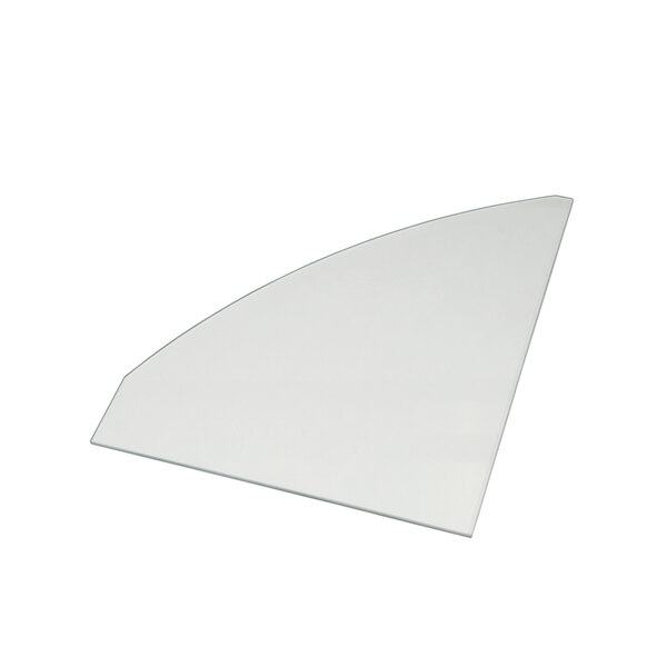 A clear curved glass triangle with a curved edge.