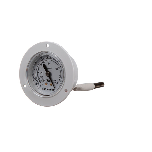 A white Hussmann refrigerator/freezer thermometer with a black dial and handle.