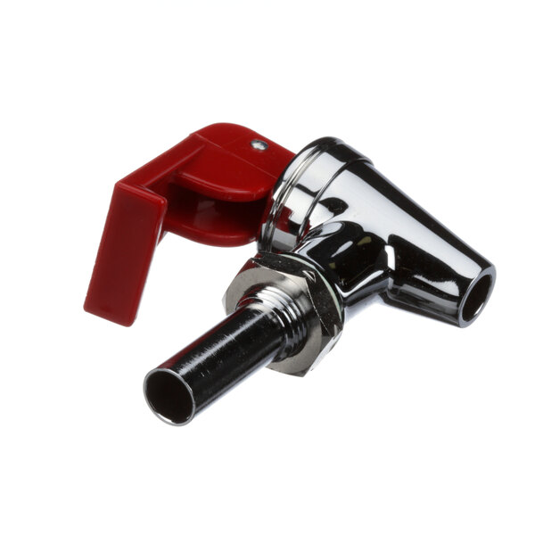 A close-up of a red and white Newco faucet assembly.