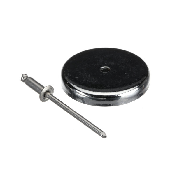 A round metal magnet with a black screw in the center.