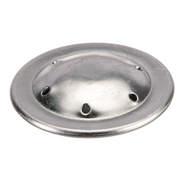 A stainless steel round plate with 6 holes.