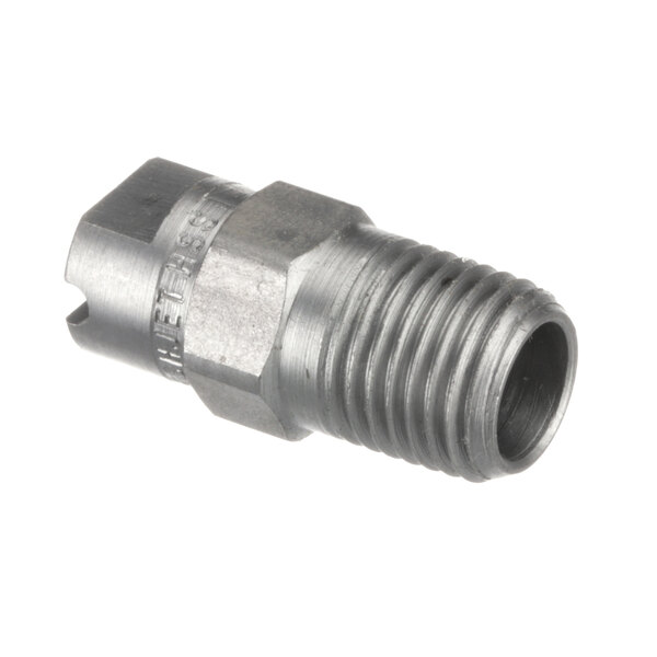 A close-up of a stainless steel threaded metal nozzle.