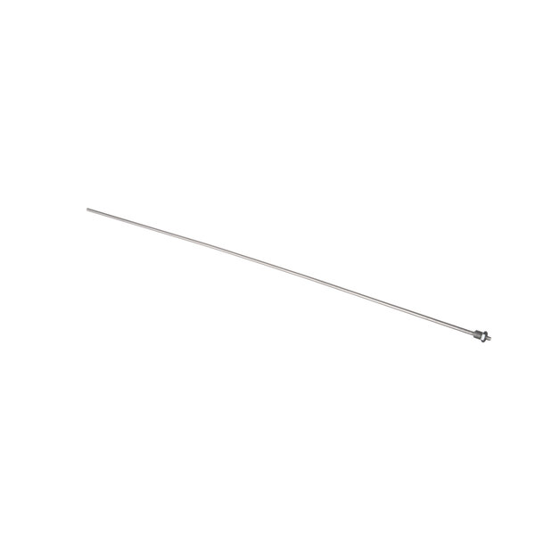 A long thin metal rod with a hook on one end on a white background.