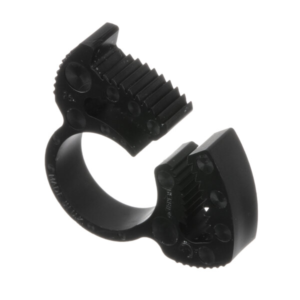 A black plastic ring with two holes on it.
