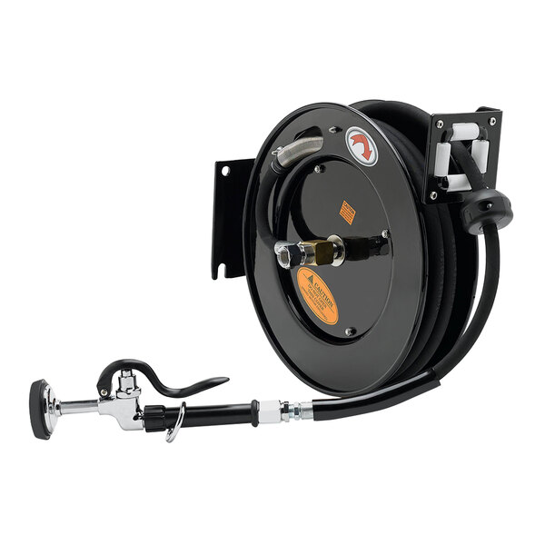 A black Equip by T&S hose reel with a hose attached.