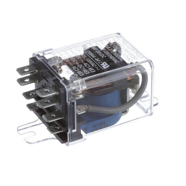 A Royalton 1764 relay in a clear plastic box with blue and black cover and blue and grey wires.