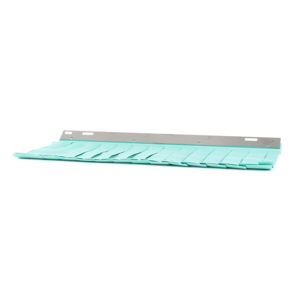 A teal plastic tray with a metal handle.