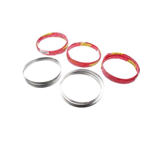 A pack of five metal Tor Rey meat saw blades with red and yellow rubber rings on the ends.