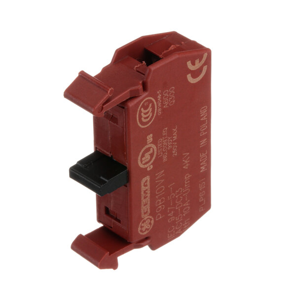 A close-up of a red Ultrasource contact block with a black handle.