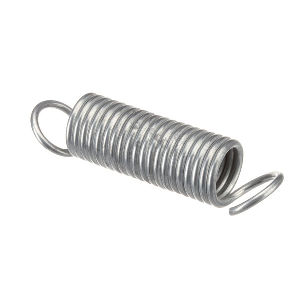 A close-up of a metal spring with a white background.