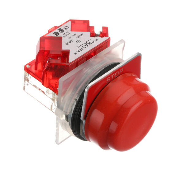 A red Falcon round push button switch with a white label.