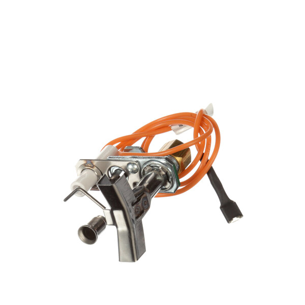 A LBC Bakery Equipment pilot burner with ignitor, orange and white with orange wire.