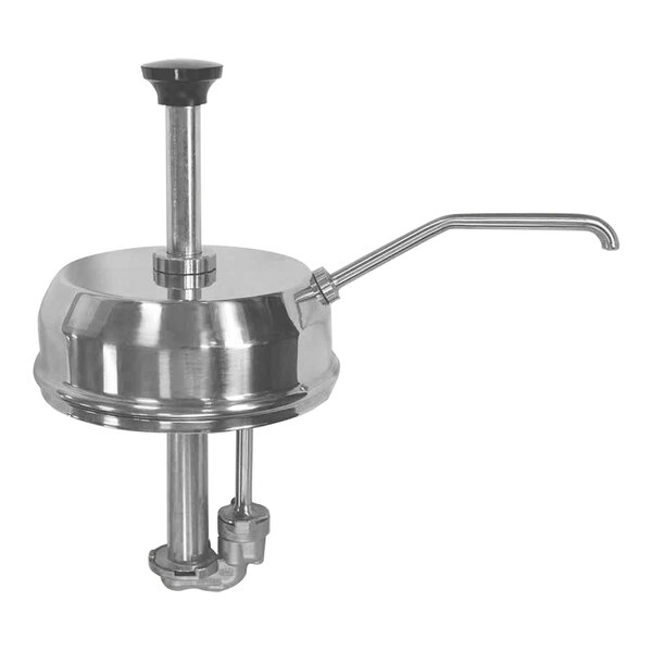A stainless steel Server Products pump assembly with a handle.