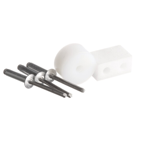 A white plastic screw and two metal screws on a white background.