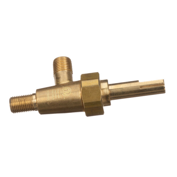 A close-up of a Rankin-Delux brass burner valve with a threaded nozzle.