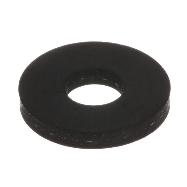 A black round rubber washer with a hole in the middle.