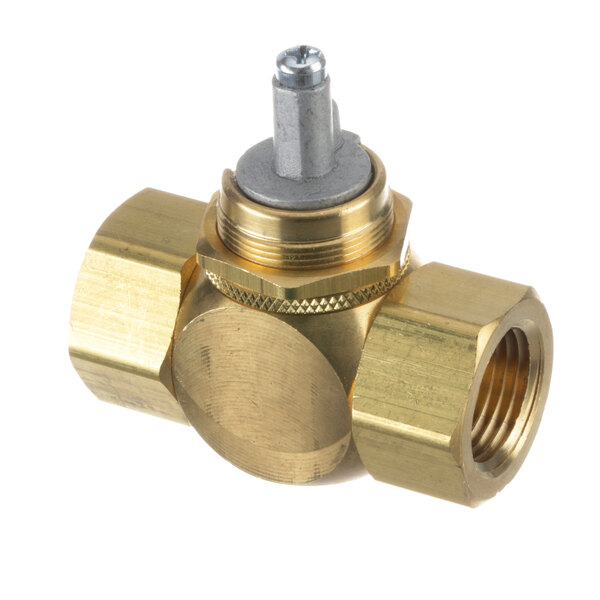 A close-up of a Super System brass ball valve with a threaded nut.