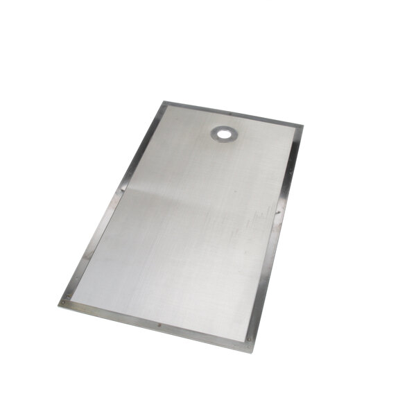 A rectangular stainless steel plate with a hole in the middle.