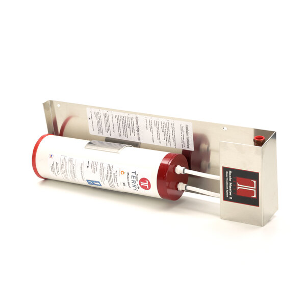 A white and red cylinder with two tubes labeled Terry SM2 Scale Control System.