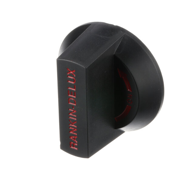 A black Rankin-Delux control knob with red lettering.